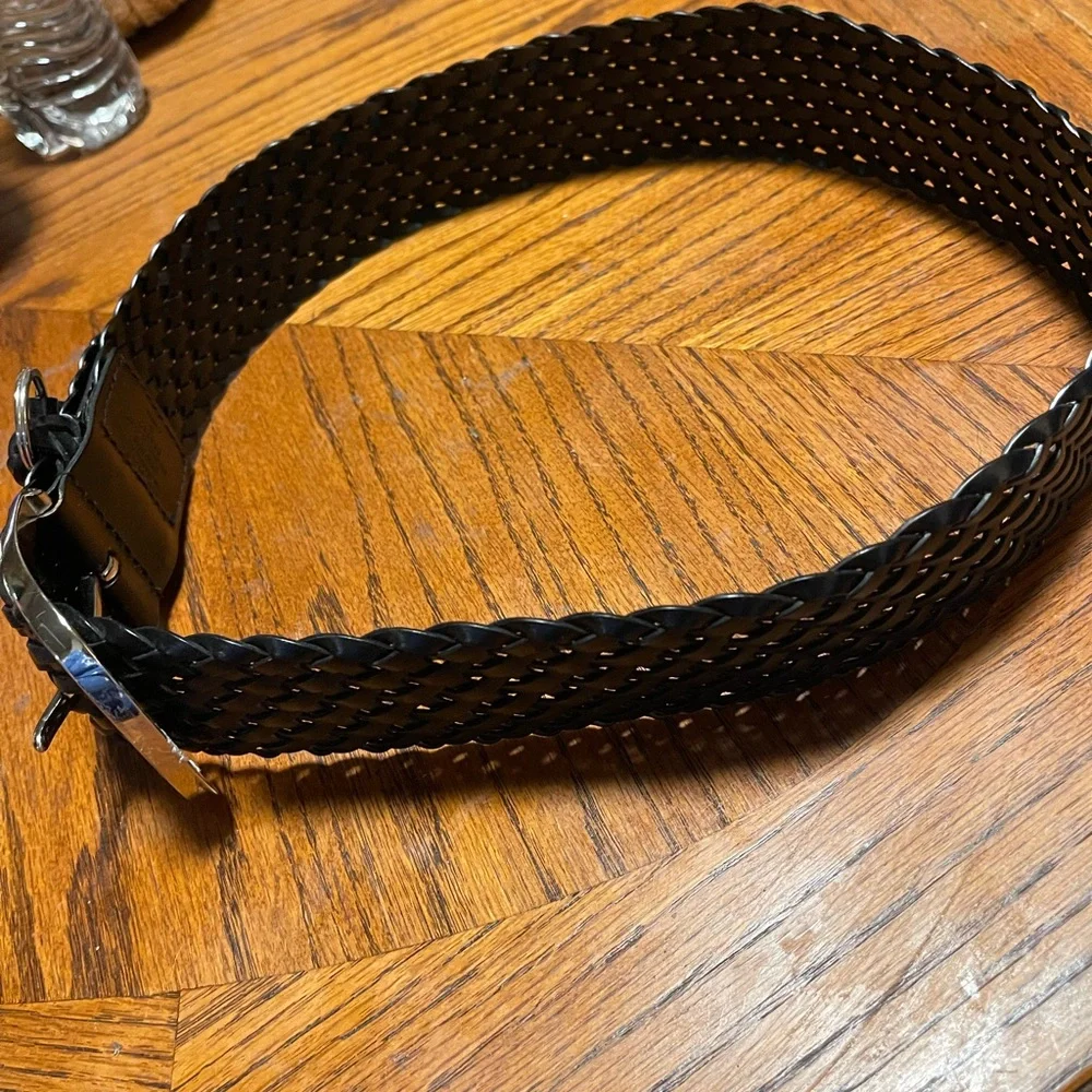 MICHAEL KORS S Black Bonded Leather Weave Belt Silver Horse Bit Buckle